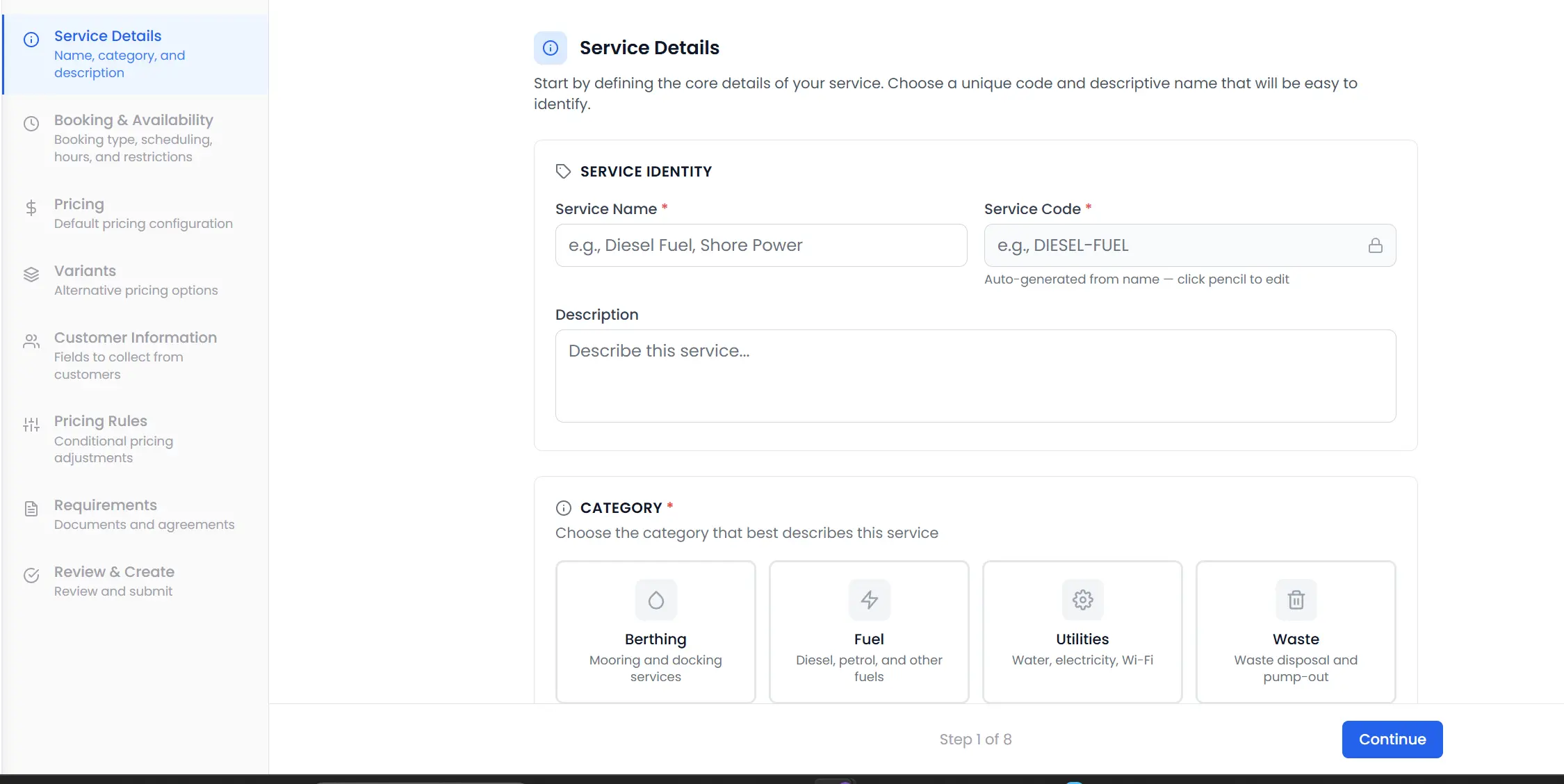 The service catalogue: every service with its own description, photos, pricing and visibility rules.
