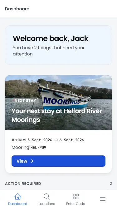 The boater dashboard on a phone, showing the next stay at Helford River Moorings on mooring HEL-P09 and two items needing attention